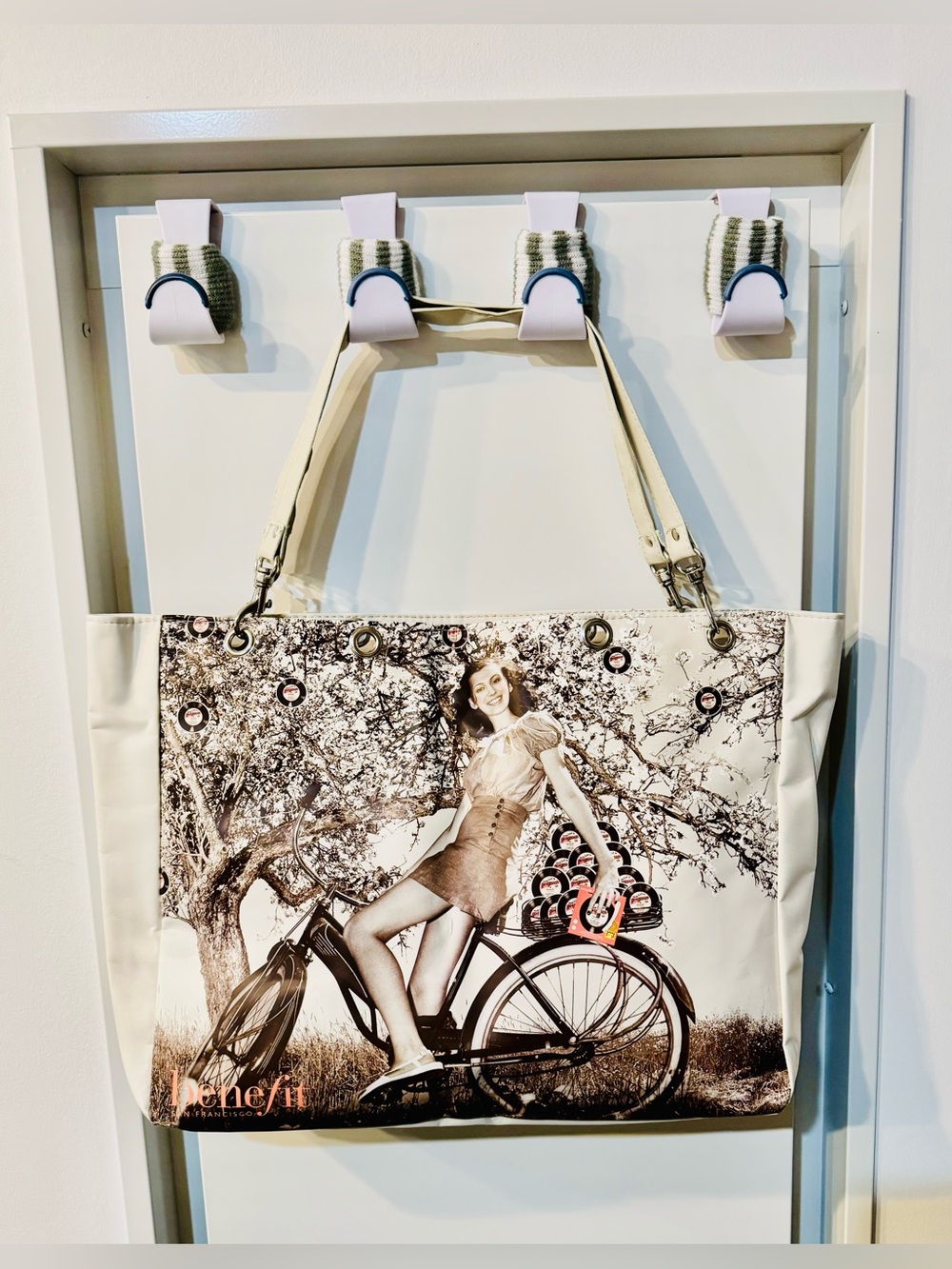 Benefit Beige and Dark brown/Black Vintage Bicycle Graphic Tote_NWT